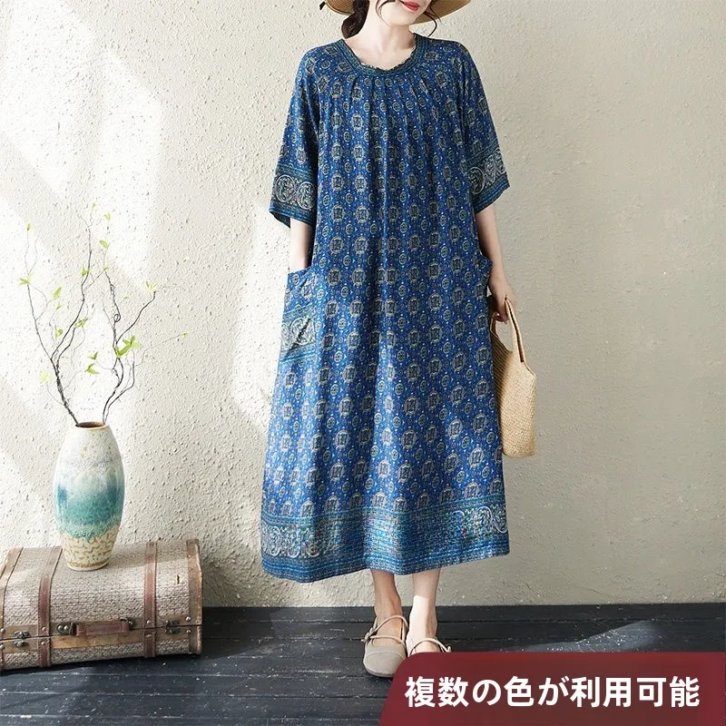 

Summer New Artistic Large Size Cotton Printed plus Size Women's Loose Slimming Ethnic Style Dress Robe Mommy's Clothing