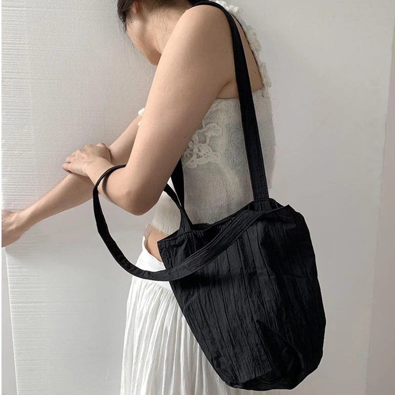 2024 New Nylon Shoulder Bag Trendy Casual Versatile Tote Bags For Women Striped Fold Solid Color Summer Handbags