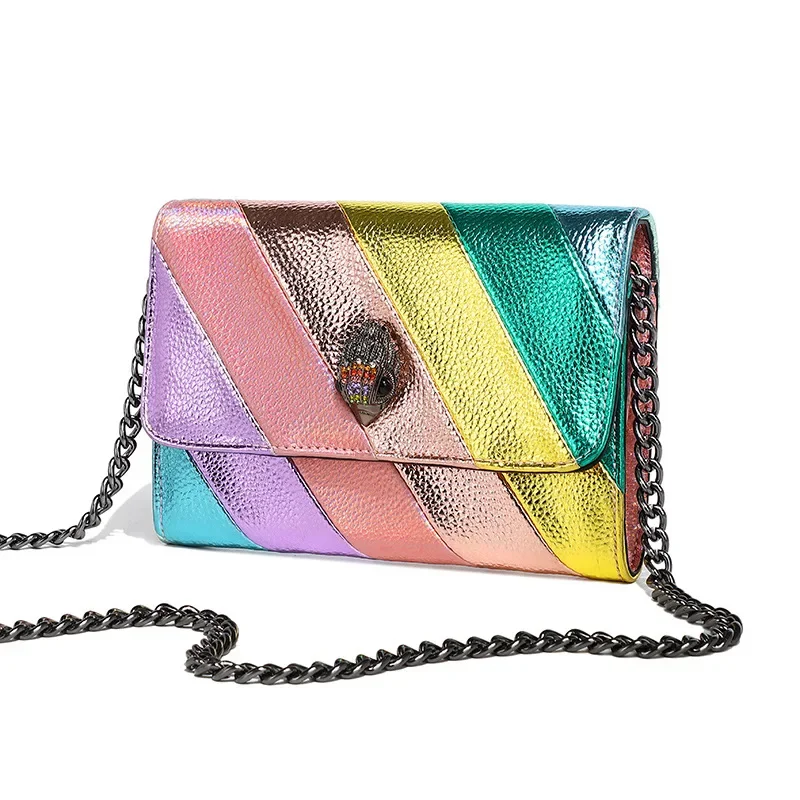 

Kurt G London Fashion Design Rainbow Contrast Stitching Metal Eagle Head Wallet Bird Head Shoulder Crossbody Bag Women's Bag