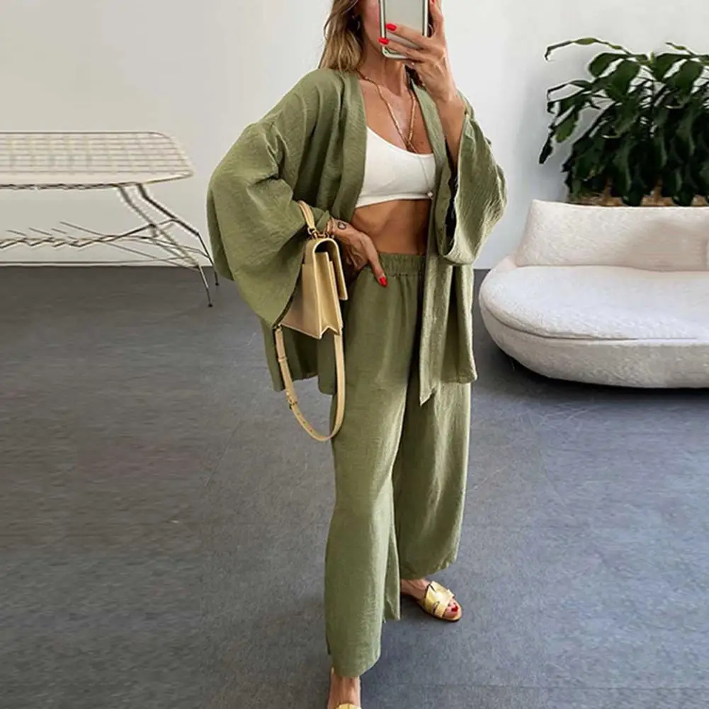 

Loose Fit Cardigan Wide-leg Trousers Set Casual Cardigan Trousers Set Stylish Women's Shirt Pants Set Loose Fit for Daily