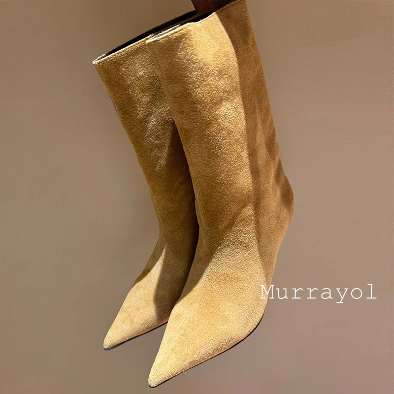 2025 جديد جلد طبيعي مثير منتصف العجل بوتاس النساء أشار تو هريرة الكعوب أحذية بوت قصيرة ربيع الخريف الأحذية الحديثة الموضة