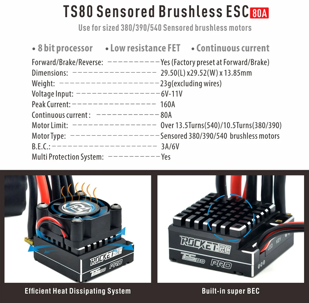 Surpass Hobby Rocket-RC Supersonic 380 8.5T 10.5T 13.5T 17.5T 2-3S Brushless Sensored Motor 80A 6-11V ESC For 1/12 1/14 RC Car