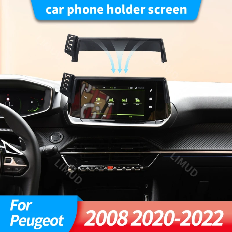 Auto-Handyhalterung mit Bildschirmhalterung und fester Basis für Peugeot 2008 2020 2021 2022, kabelloses Laden, stabiler Ständer, Autohalterung, Zubehör
