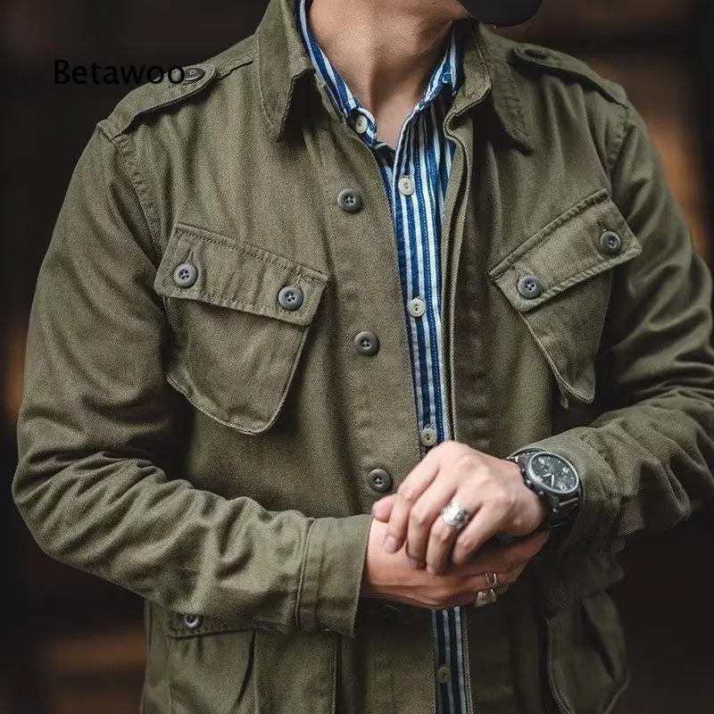 Men Lapel Multi Pocket Cargo Jacket Loose Fit Vintage Military Outerwear for Spring Autumn Outdoor Street Daily Casual Wear