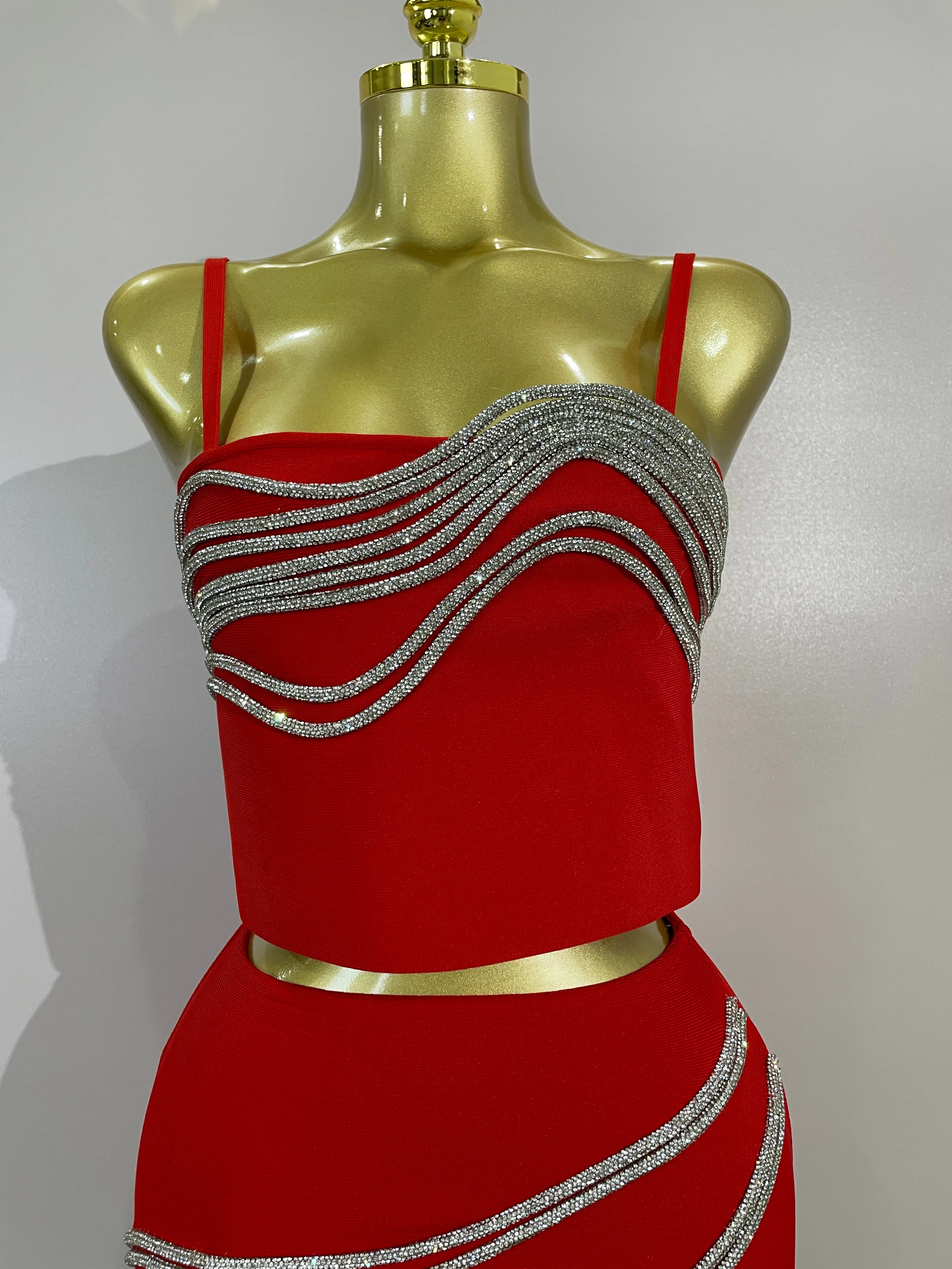 Elegant Diamond Chain Sexy Sleeveless Bandage Mini Dress Two Piece Set Women Celebrity Eveing Party Prom Birthday Club Dress view 5
