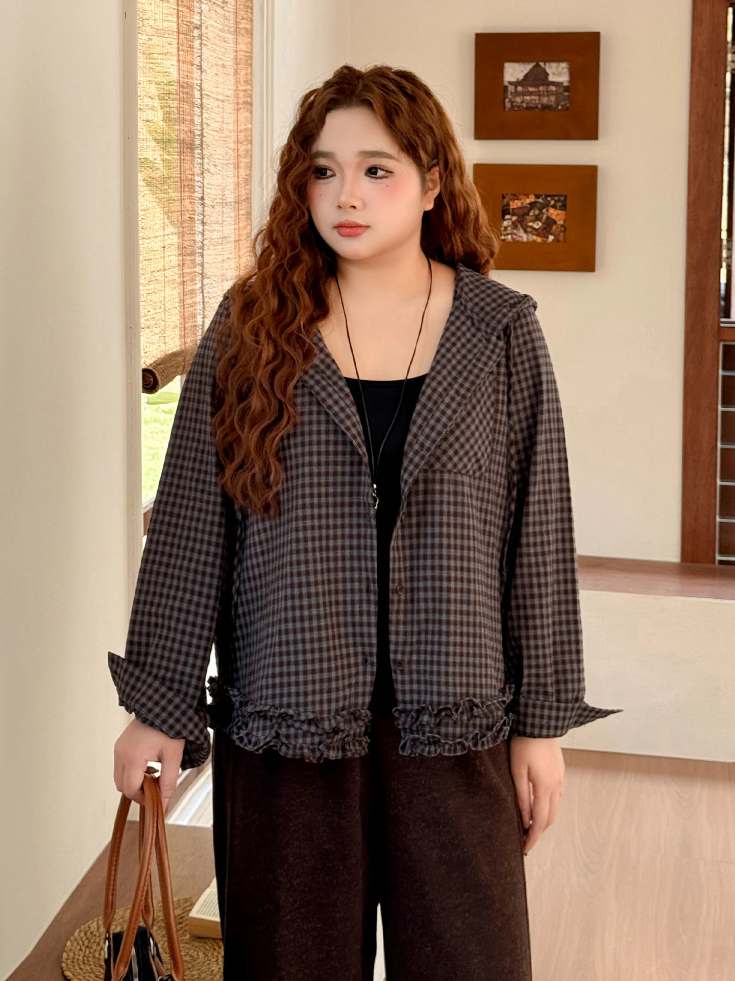 

plus Size Women's Plaid irt Spring Summer Loose Long Sve Double Layer Hooded Breathable Cotton Polyester Blend Casual irt