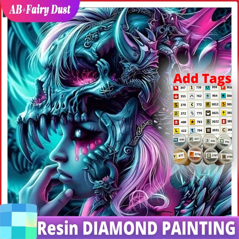 

Новинка: Алмазная мозаика Resin AB Fairy Dust 5D для Хэллоуина, полный комплект с квадратными и круглыми стразами, мозаика с изображением девушки и скелета.