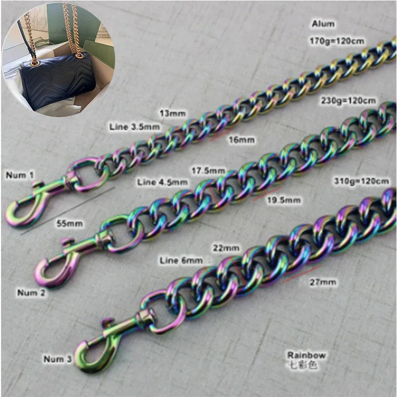 22mm 13mm Rainbow Aluminum Chain Light Weight Bags Purses Strap Accessory Wholesale 30-140CM Bag Chain Strap