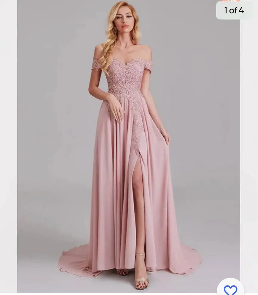 Chiffon Off-The-Shoulder A-Line Appliqued Long Bridesmaid Dresses Zipper Backless High Slit Elegant Evening Dresses for Wedding