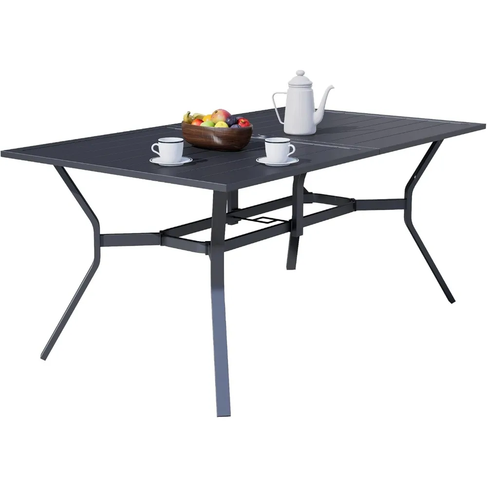 

60 inch x 38 inch terrace metal outdoor dining table, capable of accommodating 6 people, with inch umbrella hole, black