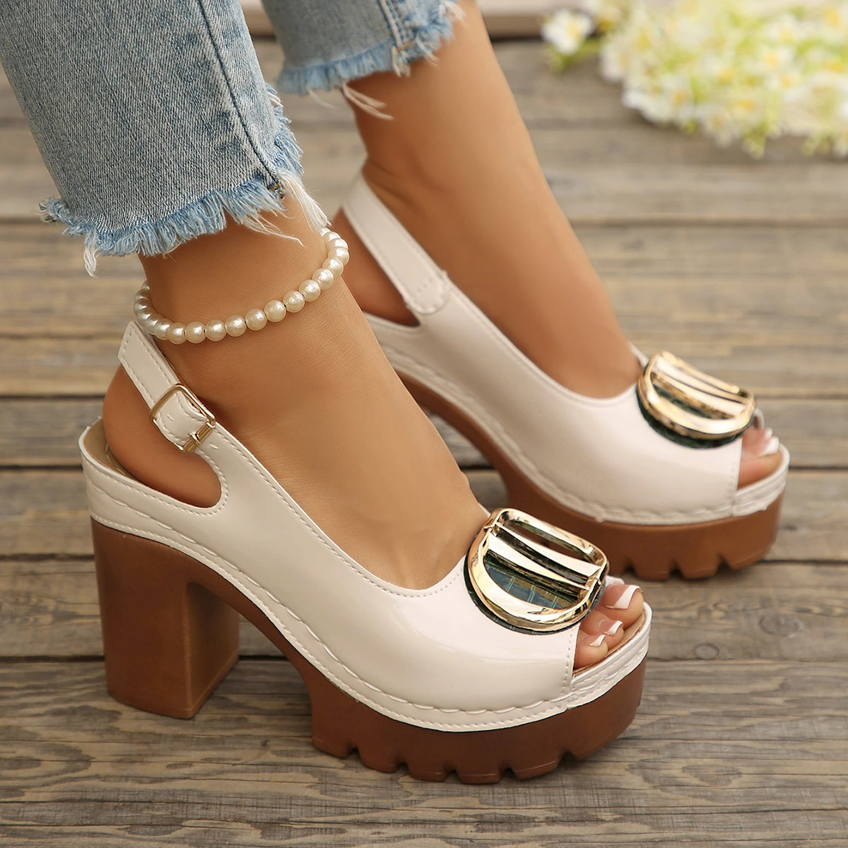 Sexy Patent Leather Thick High Heeled Sandals Women Metal Ring Peep Toe Platform Sandles Woman Summer - view 5