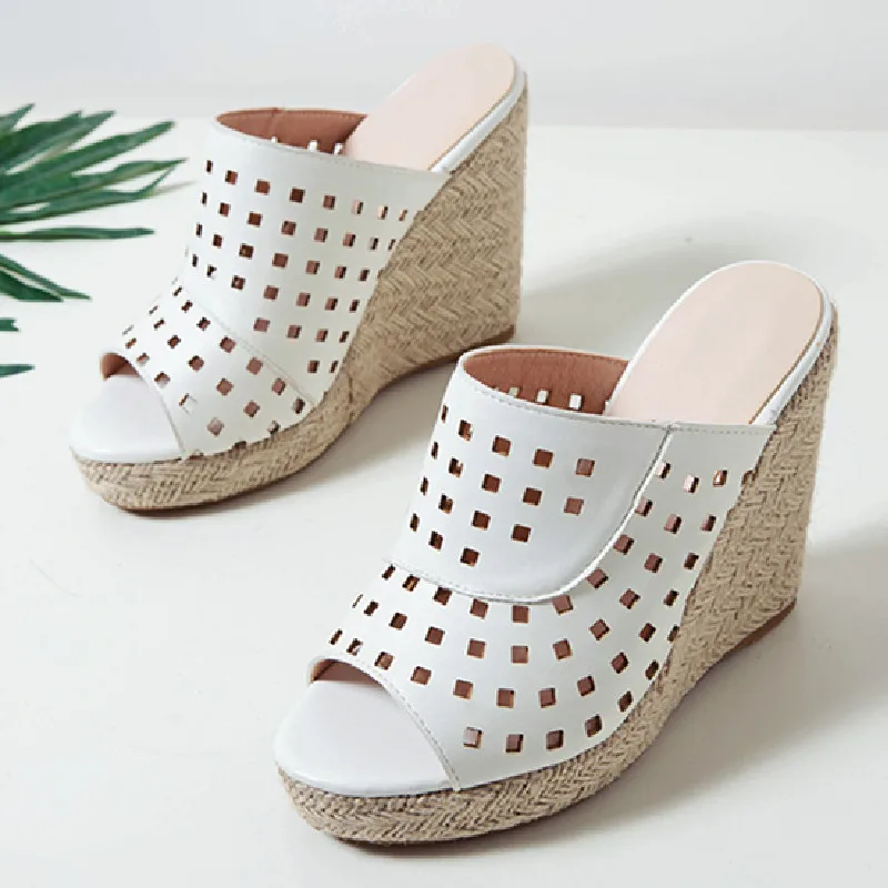 Cut-outs Platform Women\'s Slippers Wedge Heels Mules Shoes Summer Sandals For Women Open Toe Knitted Wedge Shoes Large Size 45