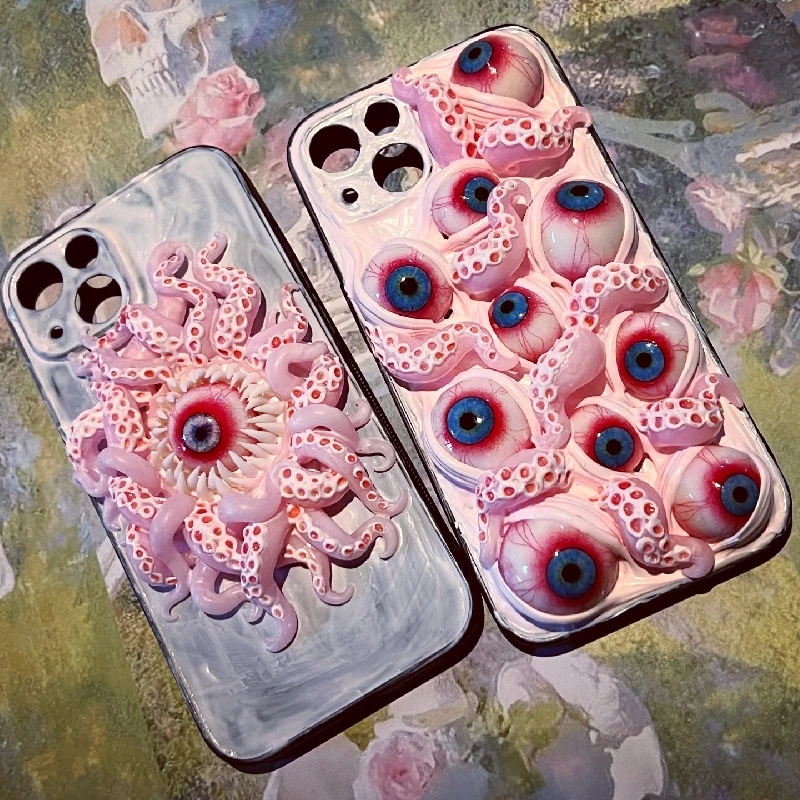 4154 Original 3D Handmade Mobile Phone Case Cthulhu Eyes Pink Tentacles Horror Gothic Punk Art Mobile Phone Case Custom Gift