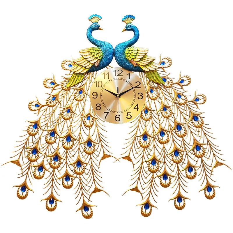 Creative Wall-mounted Clock Wall Art Double Peacock Quartz Clock Living Room Hanging Wall Clock