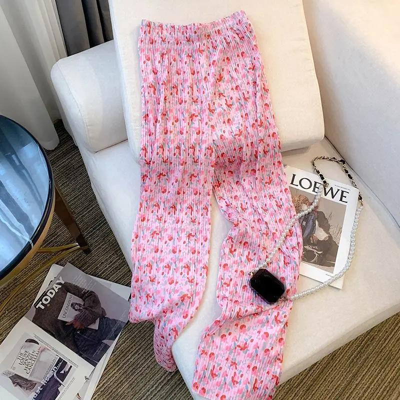 Trouser floral floor mop pants, small, pink, high waisted, draped casual pants, pleated straight tube pants, summer
