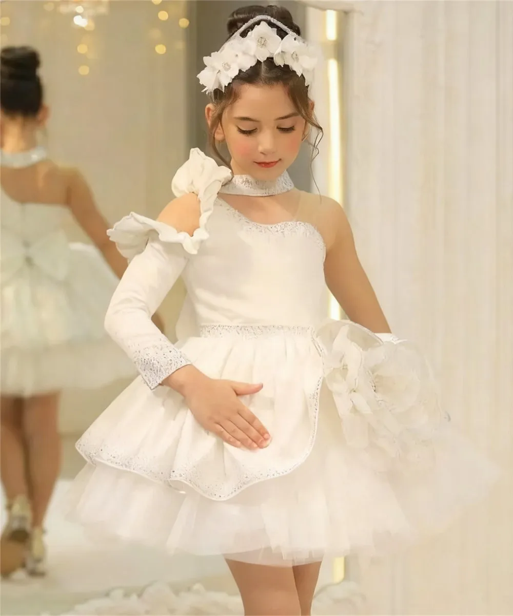 

Elegant Satin Flower Girl Wedding Dress One Shoulder Flowers Sequined Tiered Princess Birthday Party Dress Kids Christmas Gown