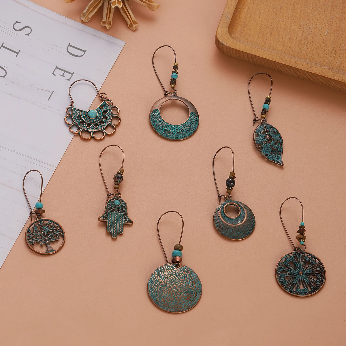 Ethnic Round Tree Fatimid Hand Long Hanging Earrings for Women Bohemia Wooden Blue Beads Piercing Flower Leaf Earrings Jewelry