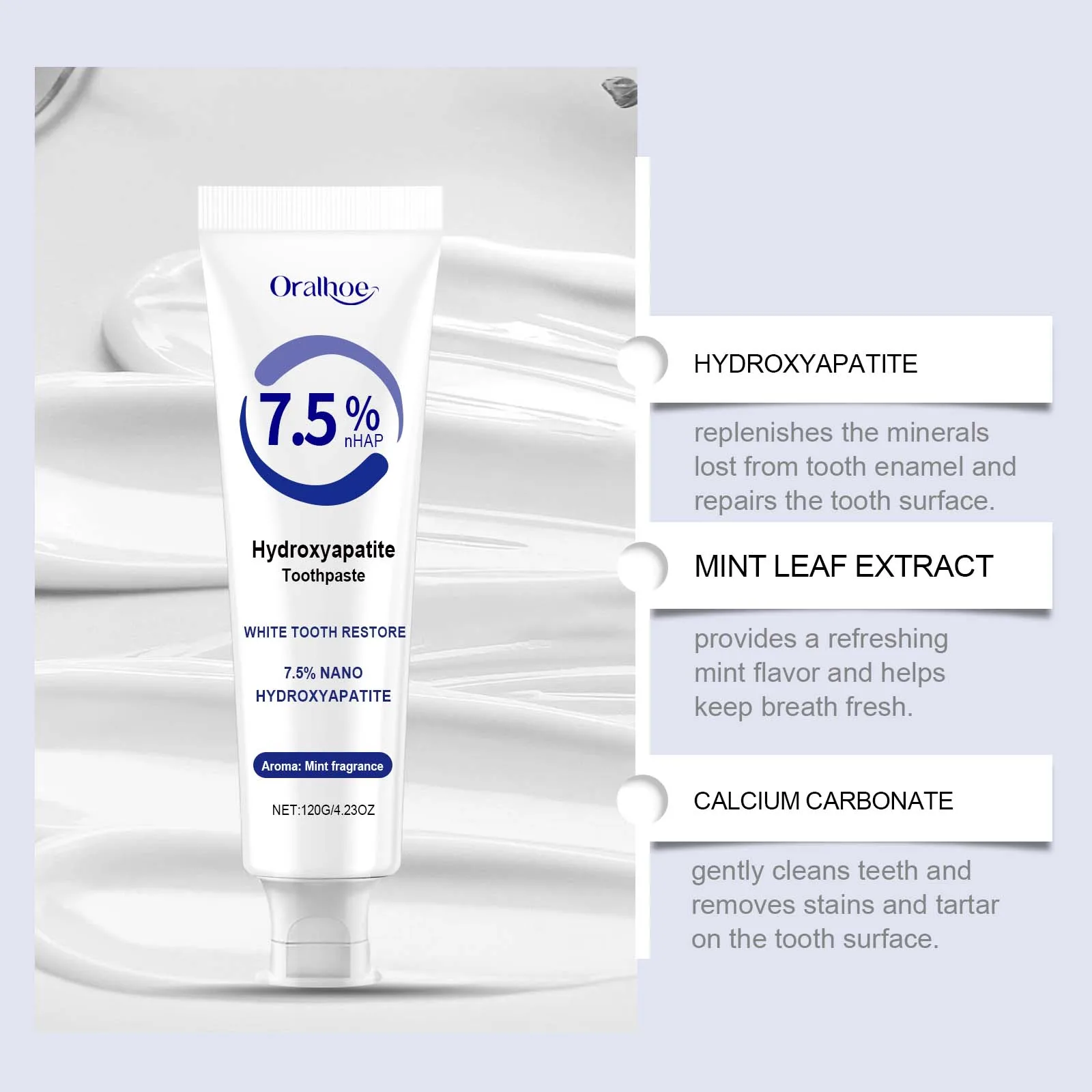 7.5% Hydroxyapatite Toothpaste for Enamel Protection, Formula with Gentle Mint, for Sensitive Teeth, Long-Lasting Fresh Breath