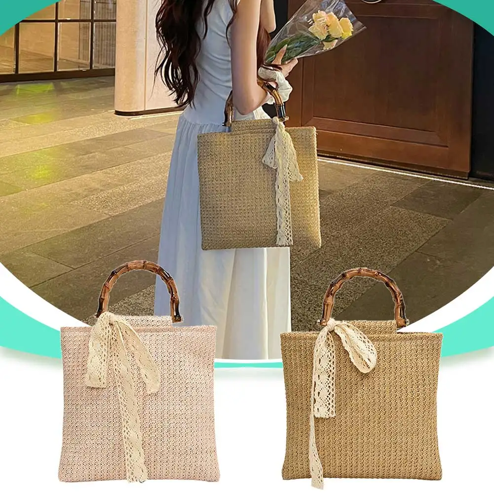 Women Straw Woven Handbag Handmade Straw Bag Large Capacity Handwoven Hobo Bag with Bamboo Handle for Party Vacation