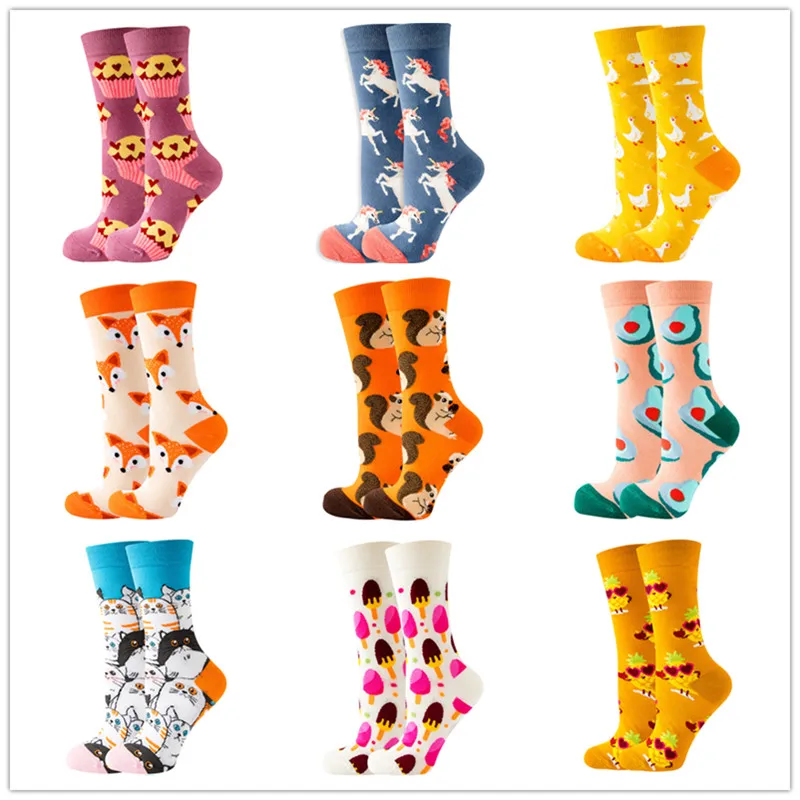 New Spring Autumn Women's Socks Cartoon Cat Fox Rabbit Middle Tube Socks Cute Avocado Men's Socks Cute Tide Funny Cotton Socks