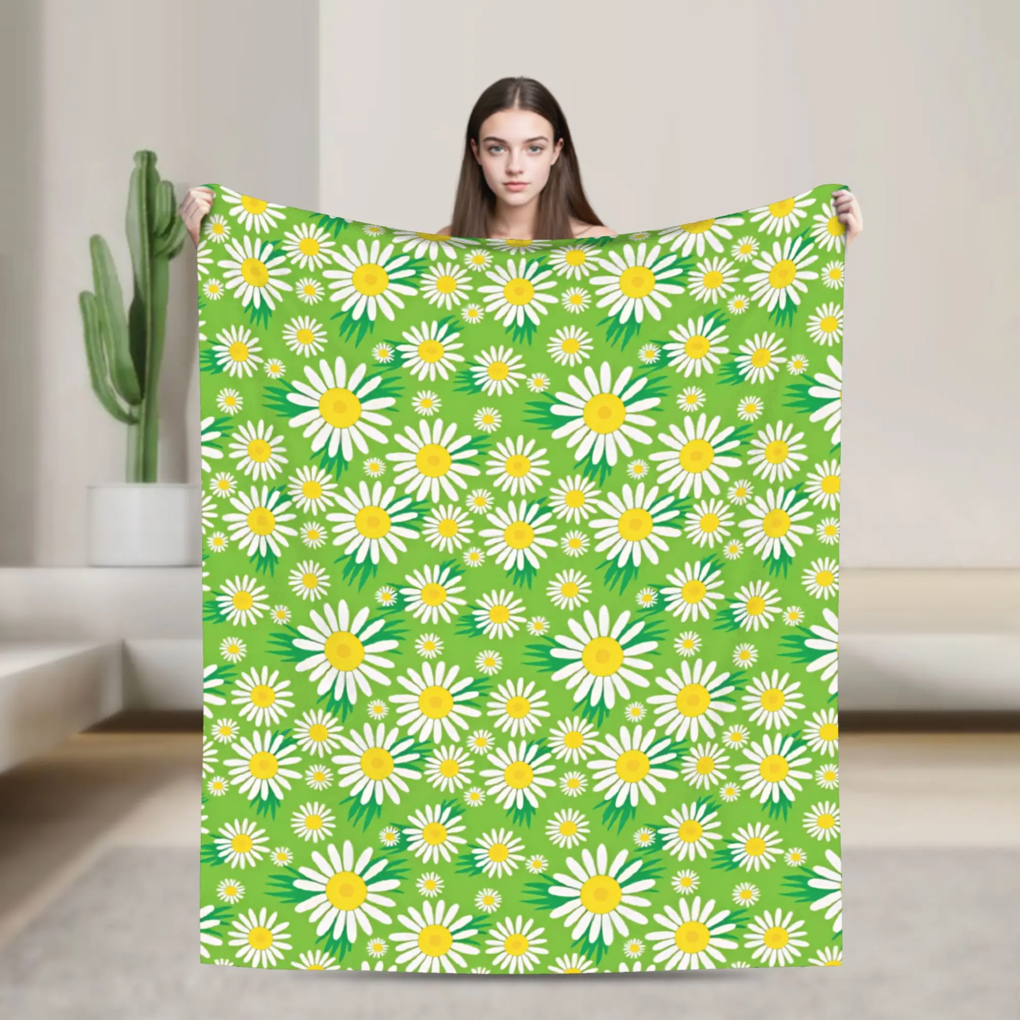 Green Background Daisy Seamless Pattern Comfortable Blanket For Outdoor  Funny Throw Blanket Autumn Travel Flannel Bedspread