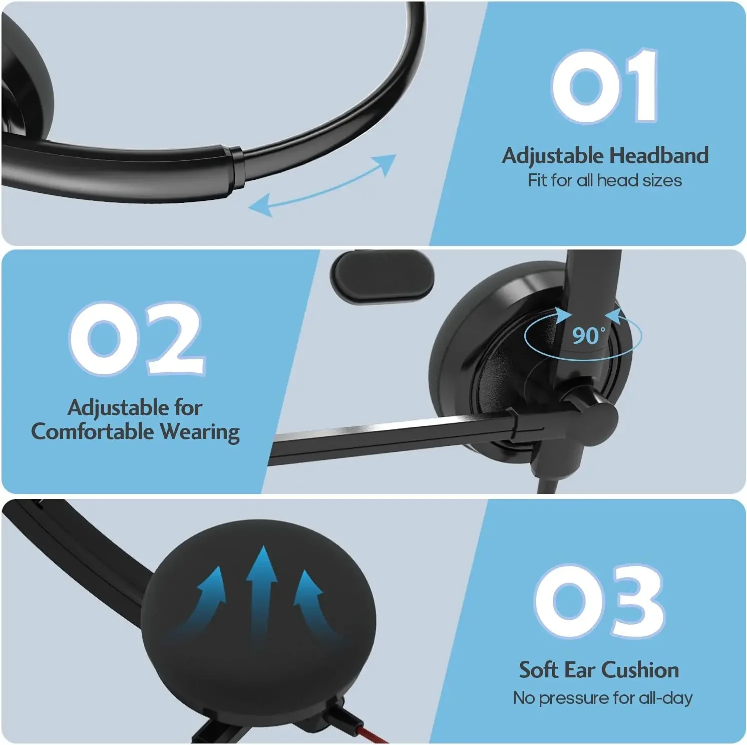 HROEENOI Premium USB Call Center Kabelgebundenes Headset mit Mikrofon mit Geräuschunterdrückung, ideal für PC, Laptop, Zoomanrufe, Skype-Meetings – Detail 6
