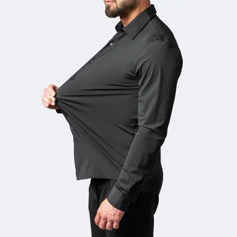 55-105KG Men\'s long sleeved elastic shirt, non ironing business dress, professional work attire, stand up collar shirt