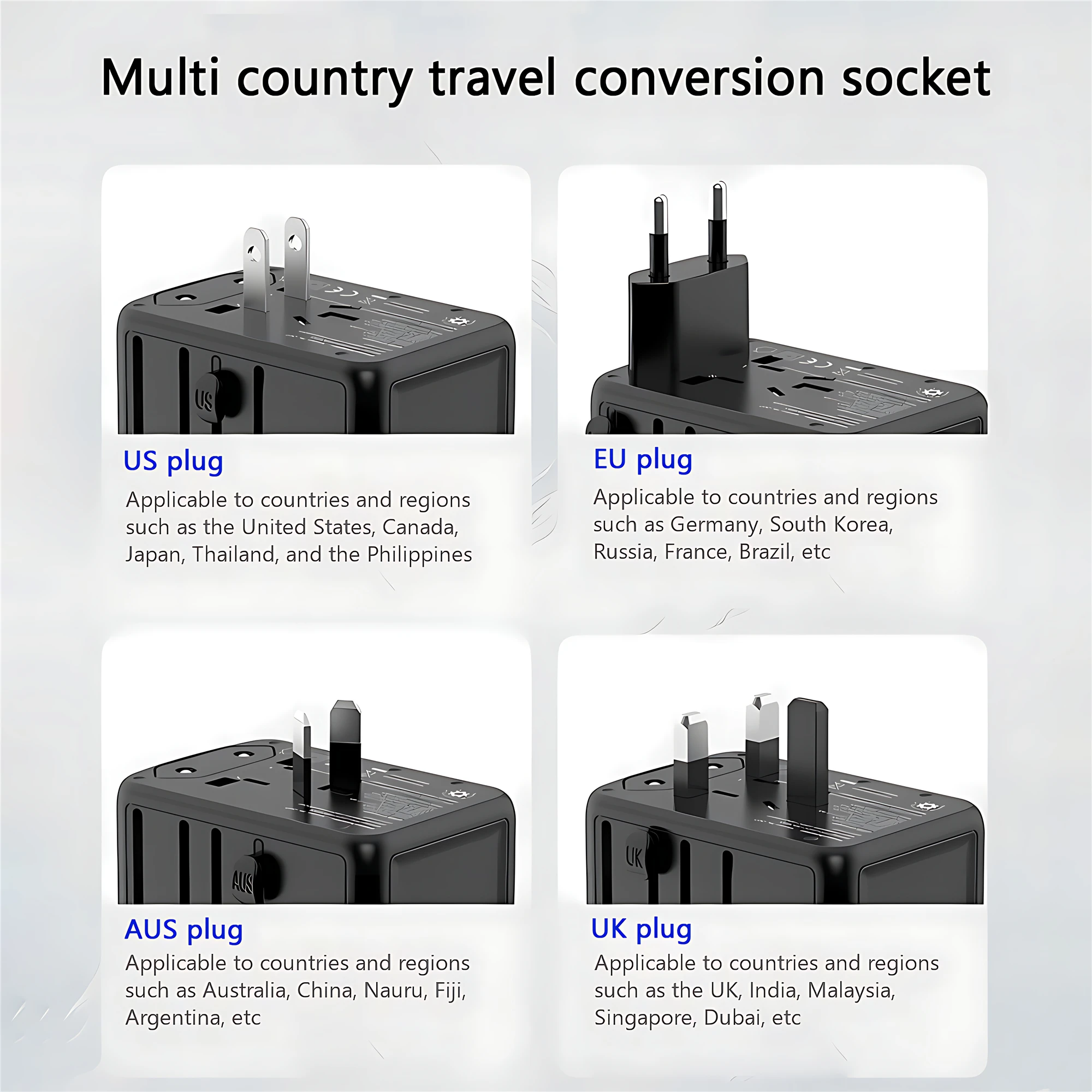 Adaptador de viaje internacional, Regleta de alimentación todo en uno con 3 puertos USB 1 tipo C, carga rápida EU UK US AU para viajes