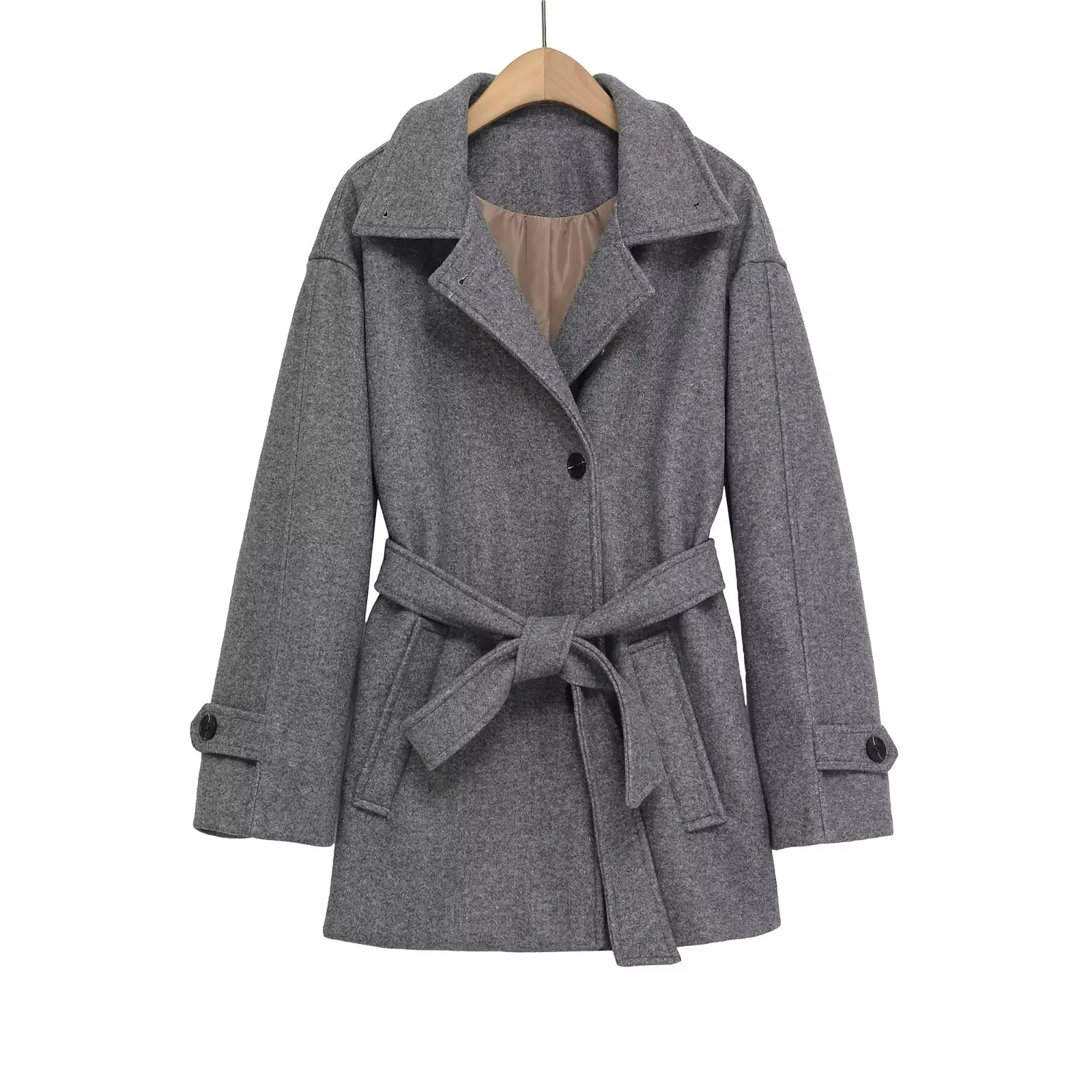 

New Women's Fashion Long-Sleeve Lapel Single-Breasted Oversized Jacket Elegant Belted Pocket Detail