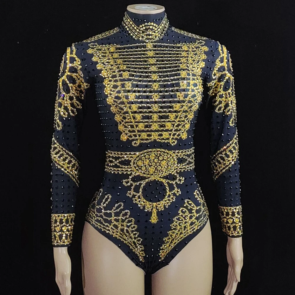 Sparkly Gold Rhinestones สีดำ Leotard แขนยาวหญิงเต้นรำเครื่องแต่งกายนักร้องเวทีแสดงสวมใส่ไนท์คลับชุด