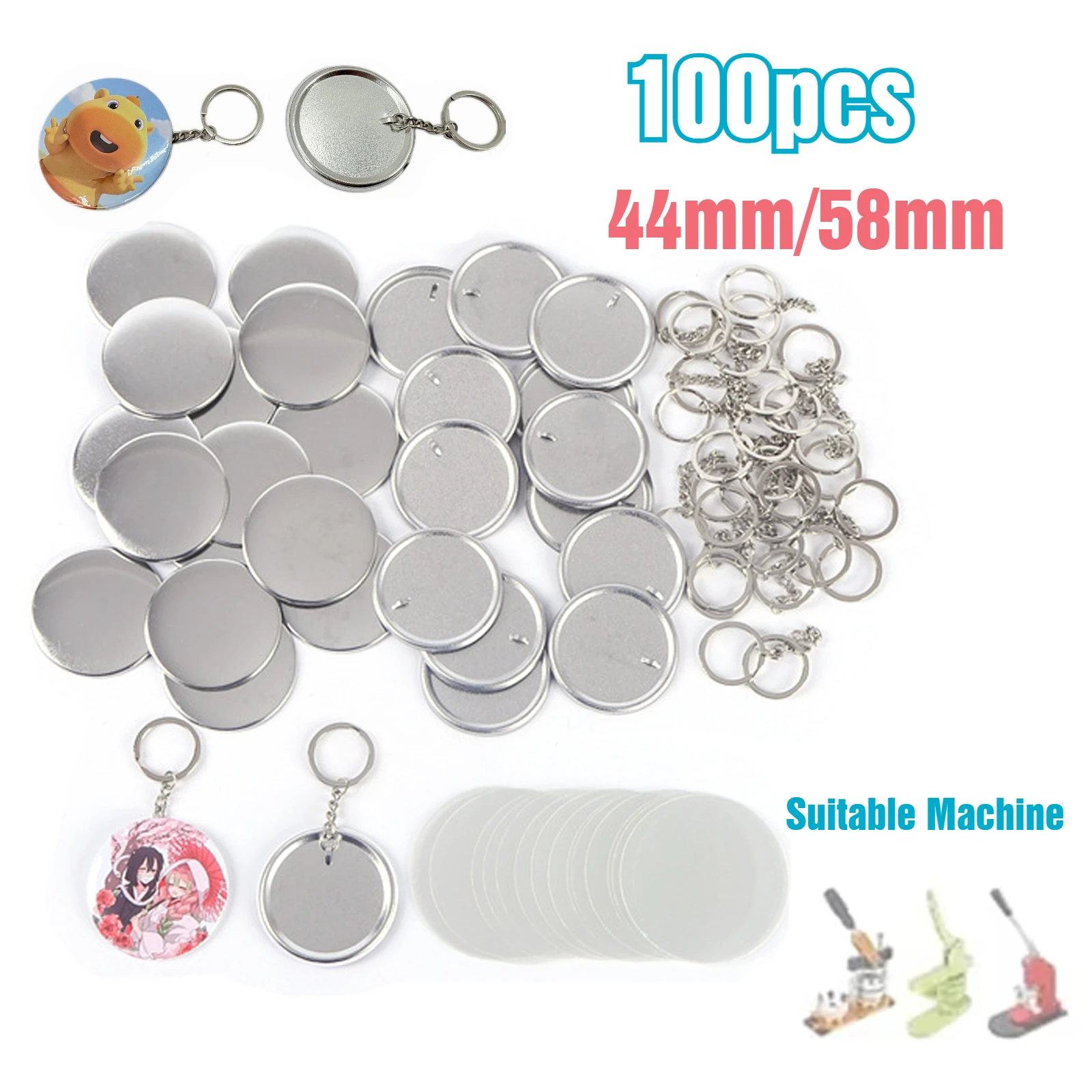 

100PCS Keychain Badge Making Consumables for Badge Making Machine 100 Sets Plastic or Tinplate 58mm/44mm for Badge Craft Press