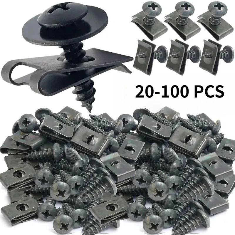 20-100pcs Motorcycle, Car Metal U-Shaped Fastening Screw Clamp Set Rust Proof Mudguard Protection Buckle Ring Iron Plate Screw
