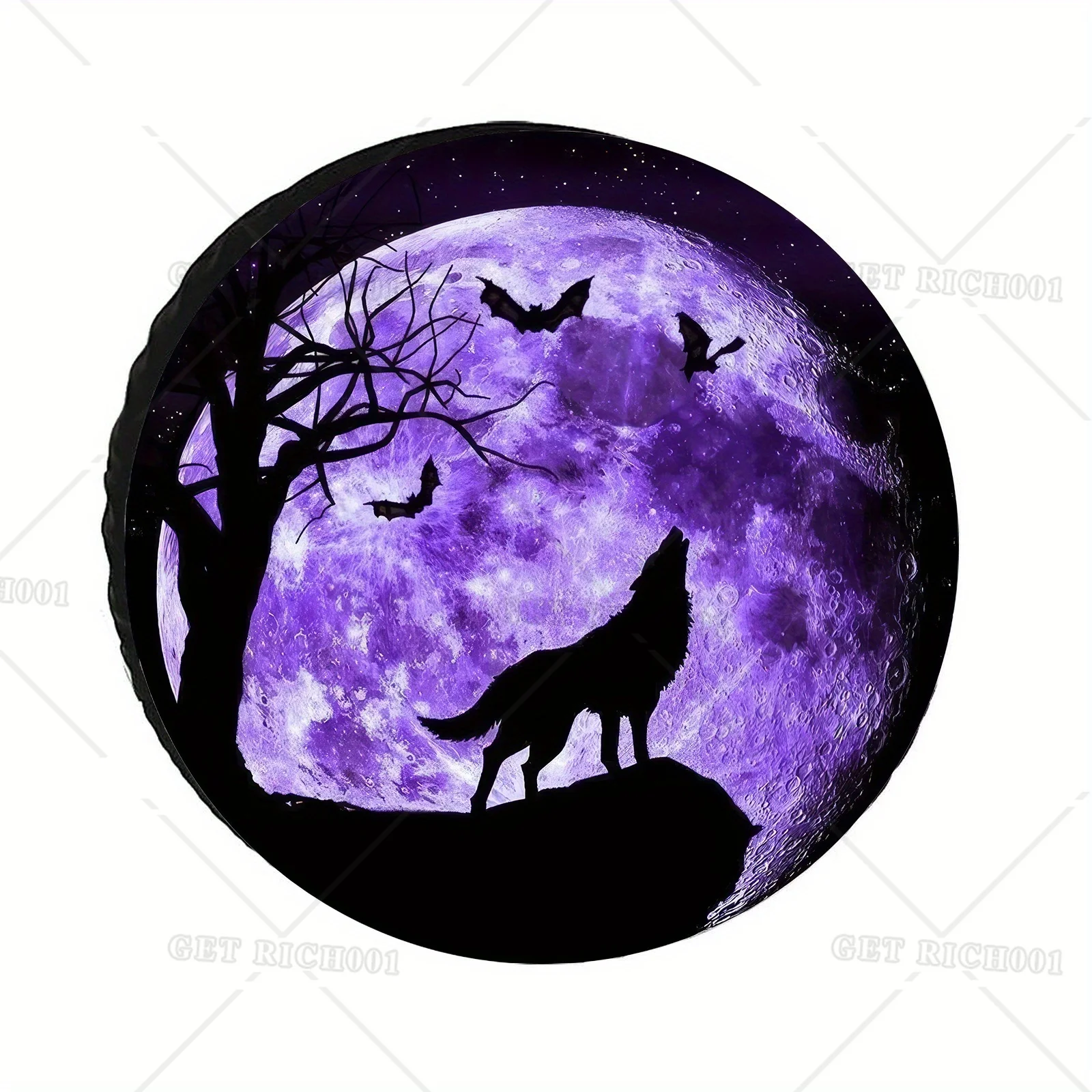 

Halloween Themed Purple Moon Wolf Spare Tire Cover Fit Windproof Dustproof UV-Resistant Tire Protector for Truck RV Car