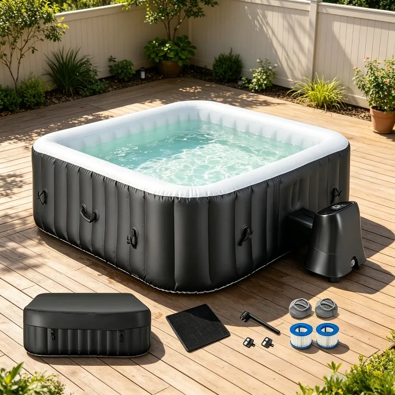 Hot Tub, Inflatable Hot Tub with 130 Soothing Bubble Air Jets, Insulated Lockable Cover, Ground Mat & Filter Cartridges, Outdoor