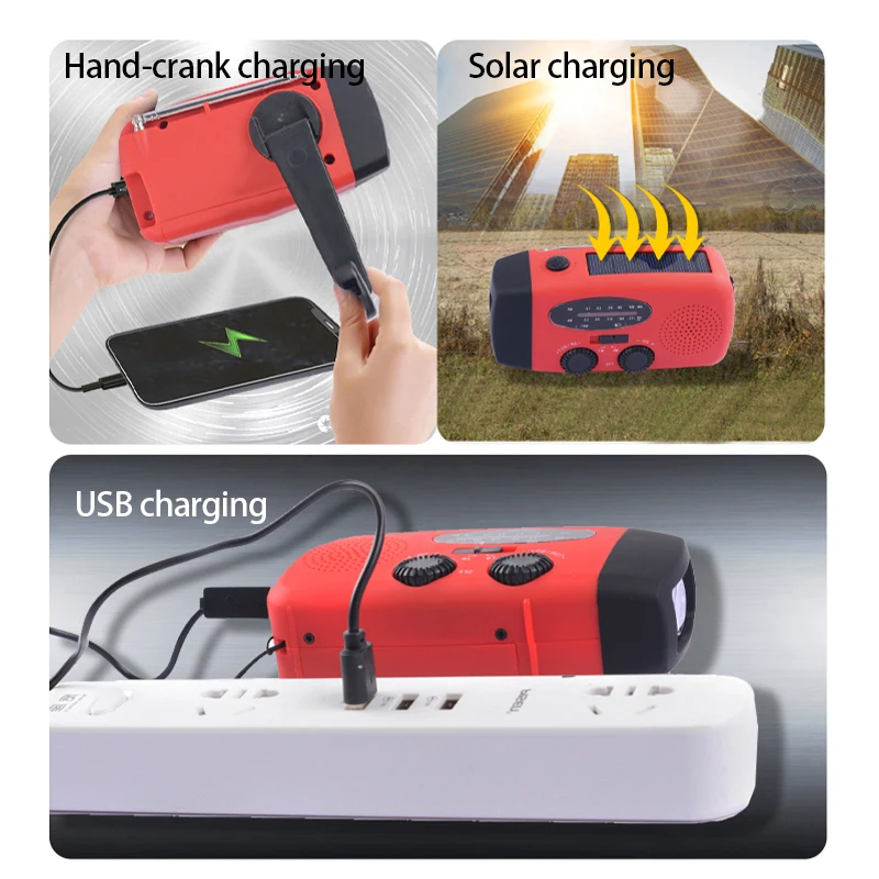 Fm Portable Radio Solar Rechargeable Emergency Hand Crank Powered AM FM Radio with LED Flashlight