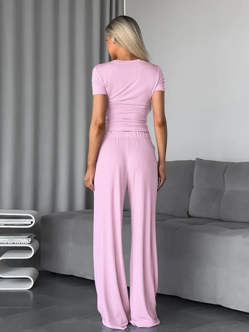 Marthaqiqi Home Clothes Ladies O-Neck Sleepwear Short Sleeve Nightgown Crop Top Nightwear Pants Casual Female Pajama 2 Piece Set