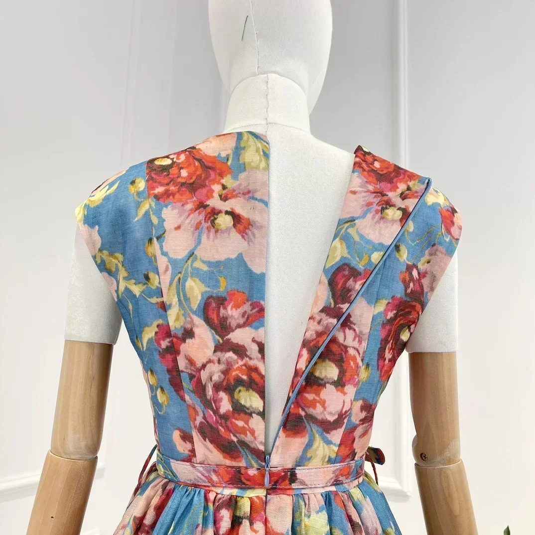 Mini abiti da donna vintage in lino di seta di alta qualità con stampa floreale rossa colletto quadrato blu a vita alta