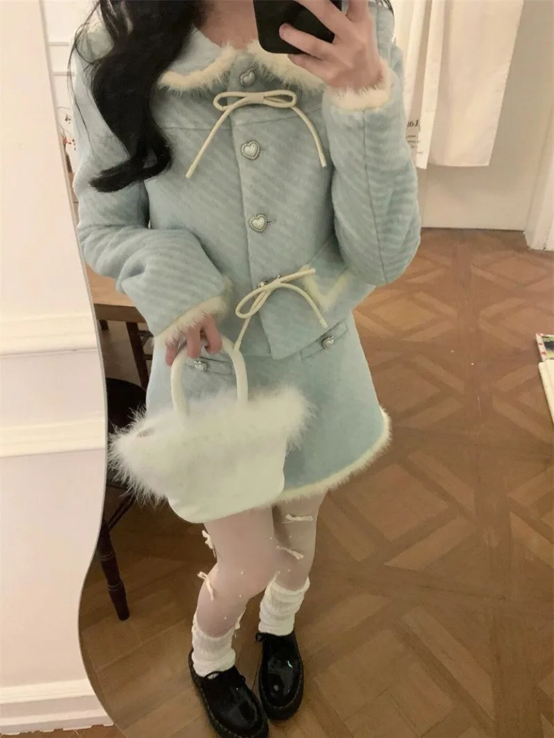 Korean Sweet Doll Neck Woolen Coat Skirt Two Piece Set Women Fashion Bow Plush Splice Soft Gentle Temperament Winter Slim Suit