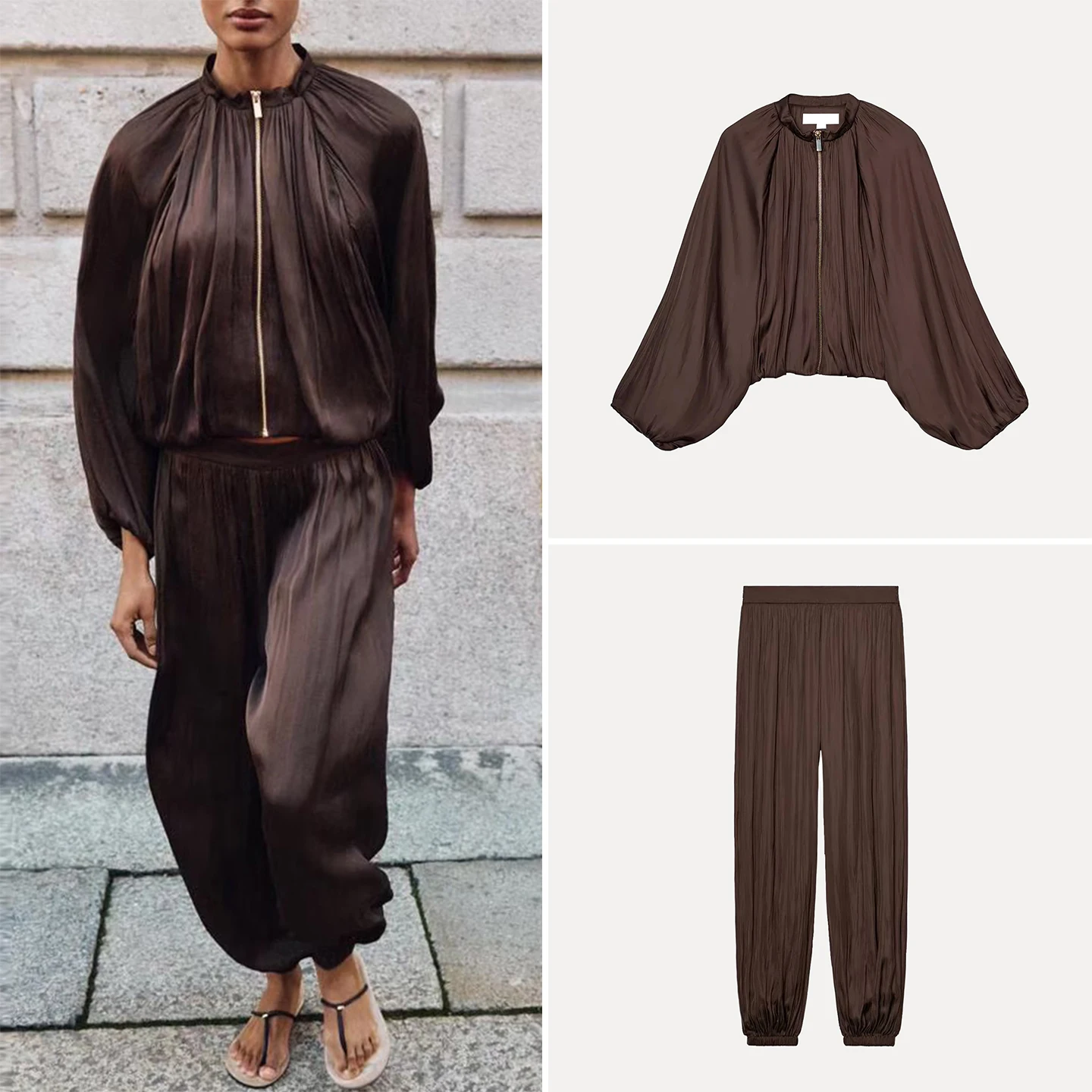 

Women's Spring 2026 Bubble Sleeve Pilot Jacket Outerwear High Waist Lantern Pants Two-Piece Set Fashionable Quality Clothing