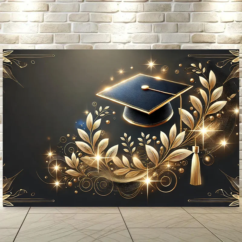 

Graduation Celebration Background Banner - Graduation party decoration with gold graduation cap and sparkling stars