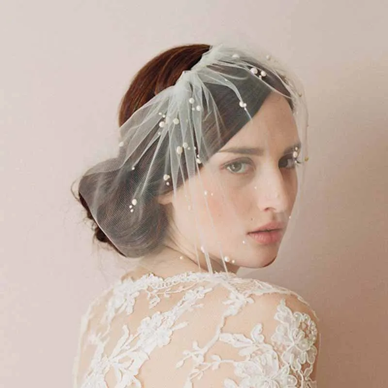 New White Ivory Headband Veils for Bridal with Pearls Charming Veil for Wedding Fascinator Birdcage Veil on the Face Mini Veil