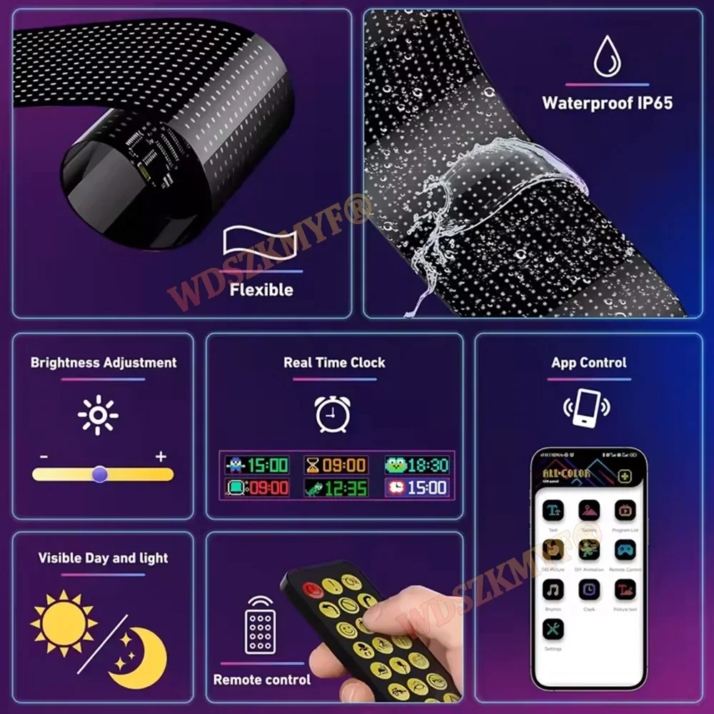 التحكم في التطبيق DIY سيارة مرنة عرض ضوء RGB LED مصفوفة بكسل شاشة بلوتوث للبرمجة لافتات إعلانية متحركة