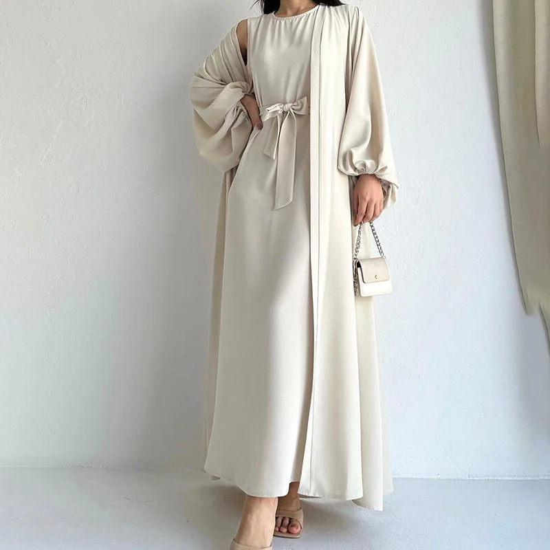 2 Piece Soft Nida Abaya Set Ramadan Balloon Sleeves Plus Size Kimono With Sleeveless Inner Dress Slip Solid Islamic Clothing