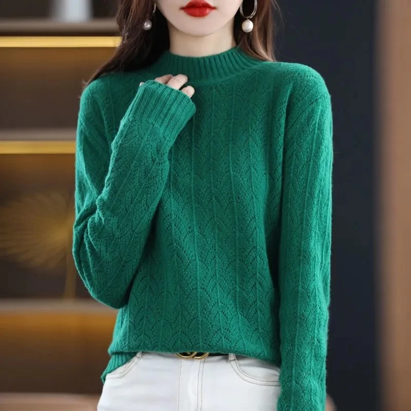 2024 New Fashion 100% Merino Wool Sweater Cashmere Pullover Turtleneck Long Sleeve Women Knitwear Autumn Winter Clothing Tops