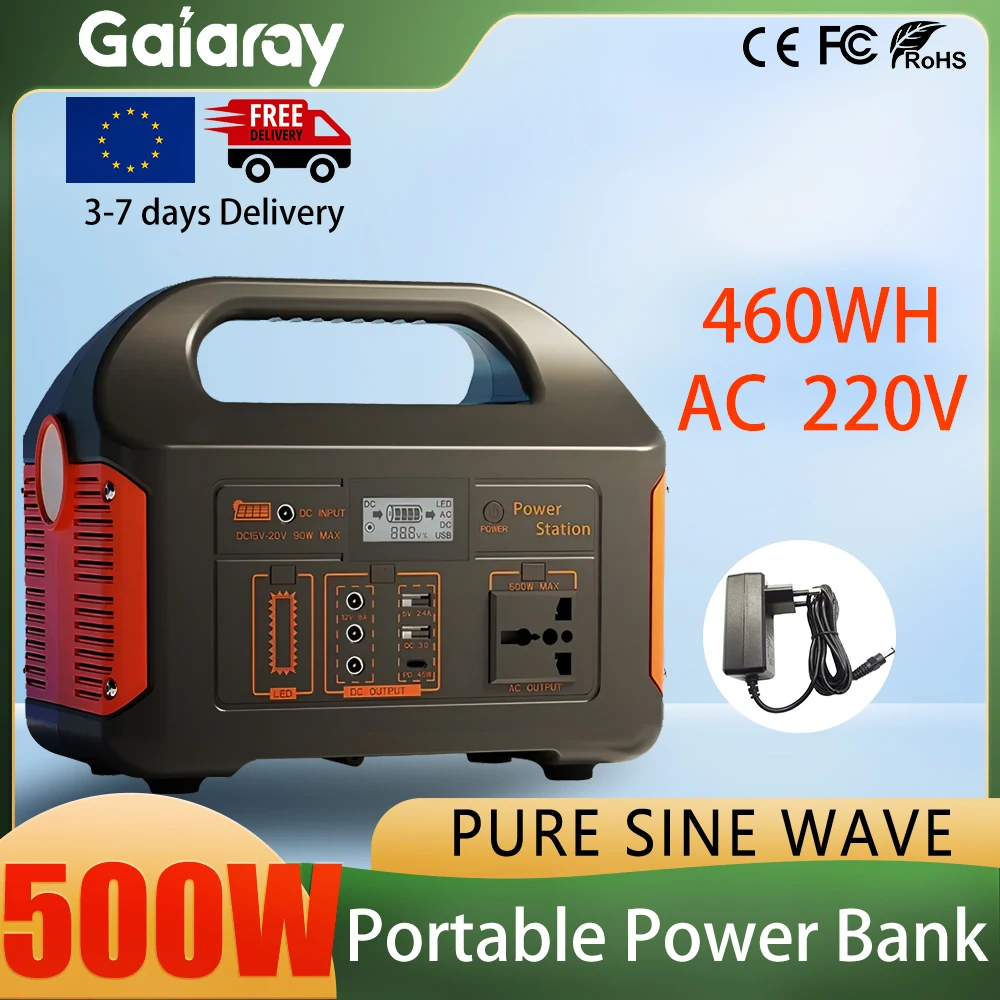 Gaiaray 500W tragbarer All-in-One-Solargenerator 220V mobile Stromversorgung mit USV-Funktion 460Wh Lithium-Eisenphosphat-Batterie Ladestation geeignet für Camping und Haushalte