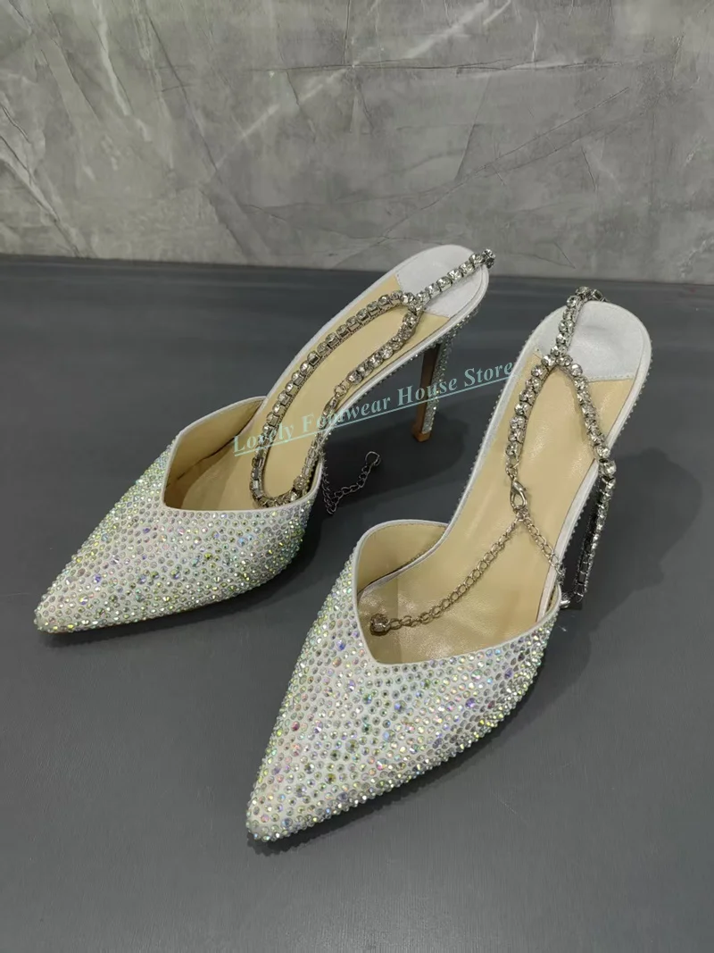 

Woman Sexy Thin High Heel Bling Diamond Sandal Shoes Female Pointed Toe Party Wedding Beige Sandal Shoes