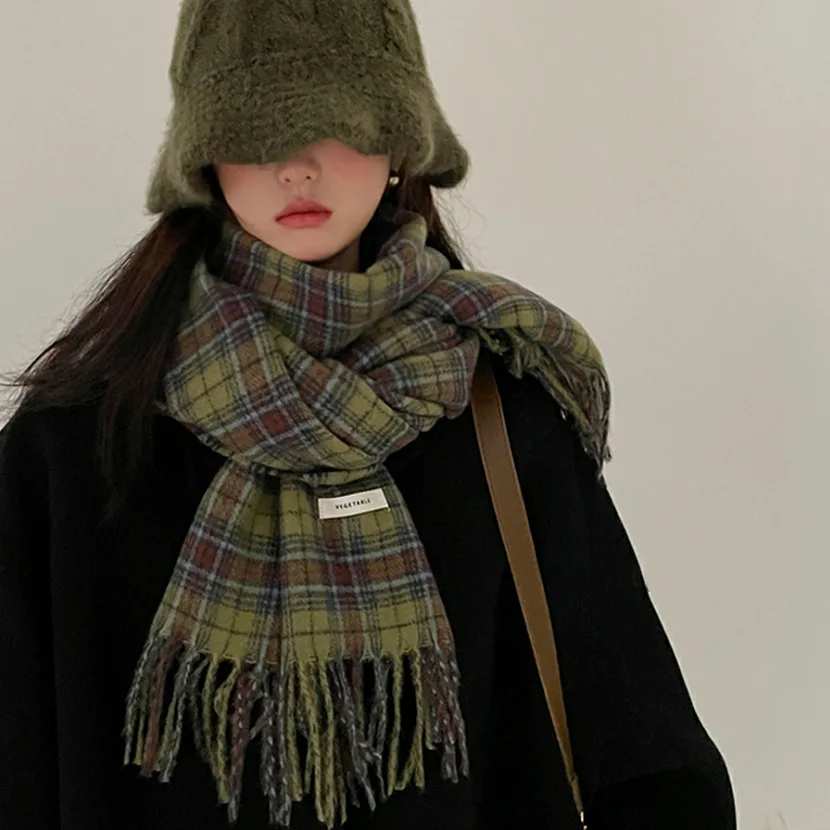 Vintage Green Plaid Scarf Women Autumn Winter Neck Warmer Fashion Tassel Soft Pashmina Shawls And Wraps Female Blanket 200cm