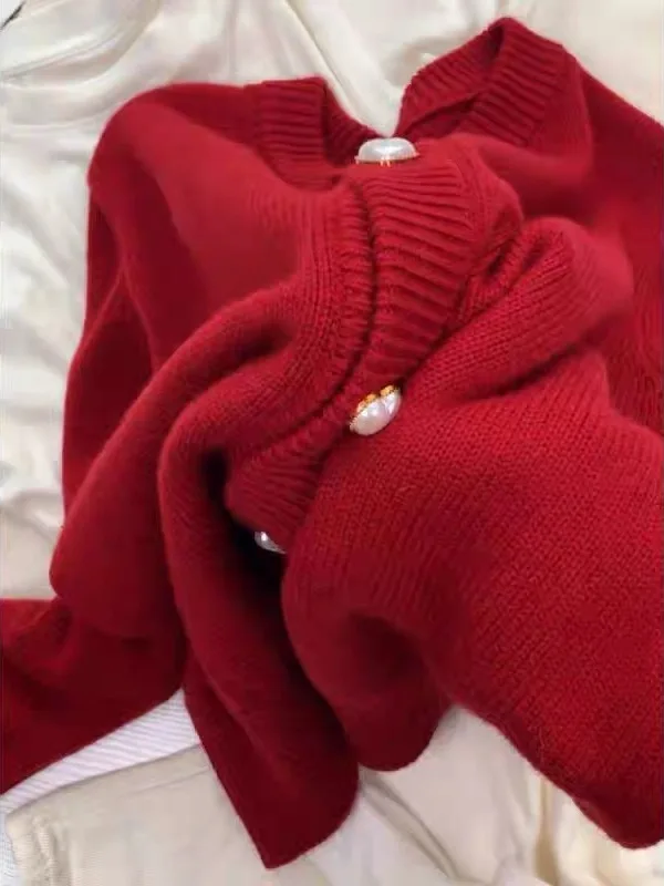 Neujahr Rot Gestrickte Offene Strickjacke Pullover Damen Herbst Winter Thiened Lazy Sle High End Top Pendeln Lose Fit Lange Sle...