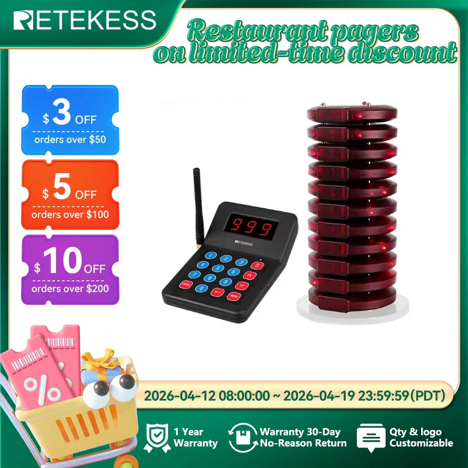 

Беспроводная система вызова для ресторанов RETEKESS T119: вибропейджеры-приемники с двусторонней зарядкой для кафе и фудтраков