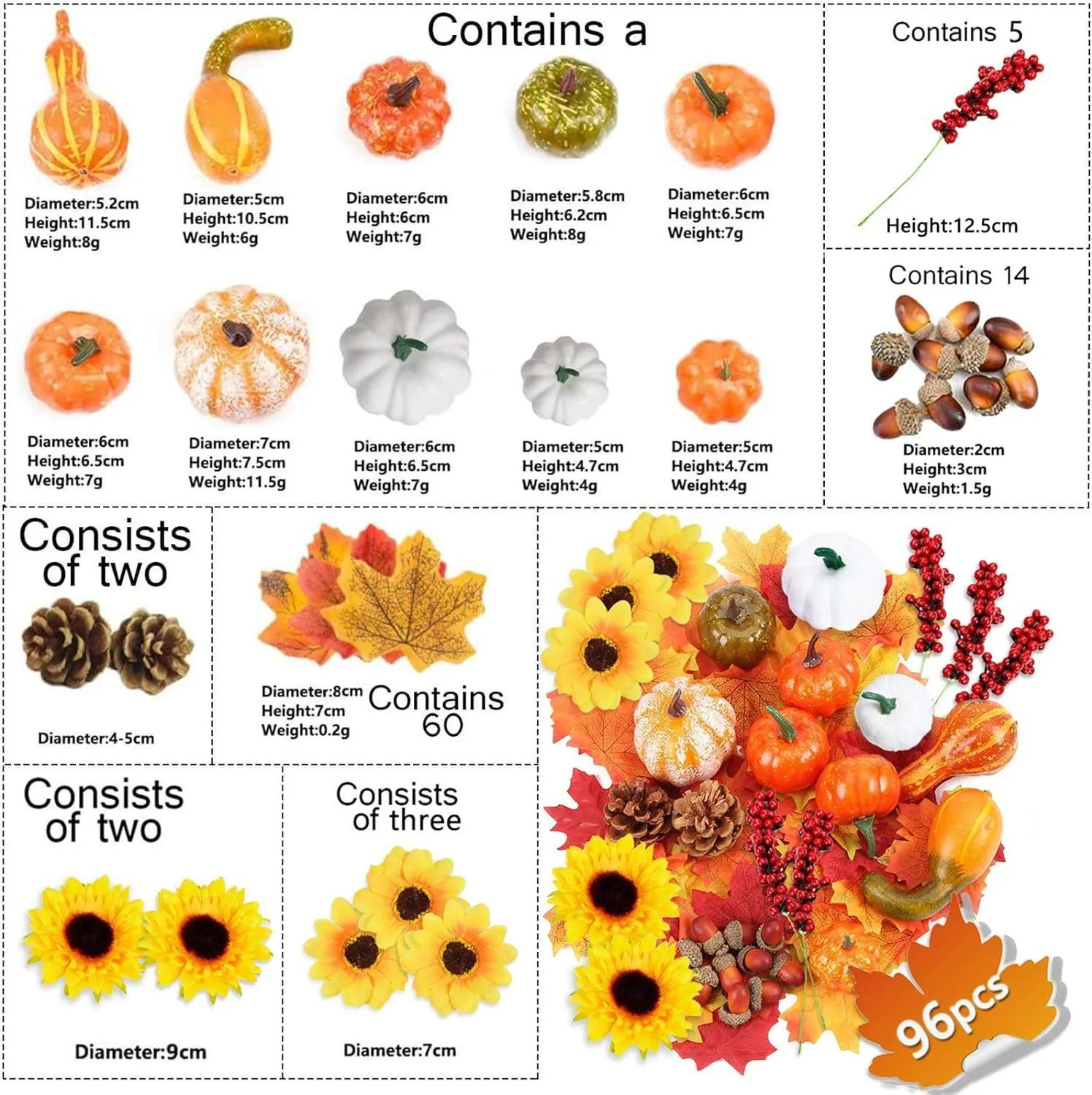 Artificial Pumpkin Decoration Kit Plastic Fall=Foliage Set For Autumn Wedding Table Mantel Display Craft Projects Seasonal Decor